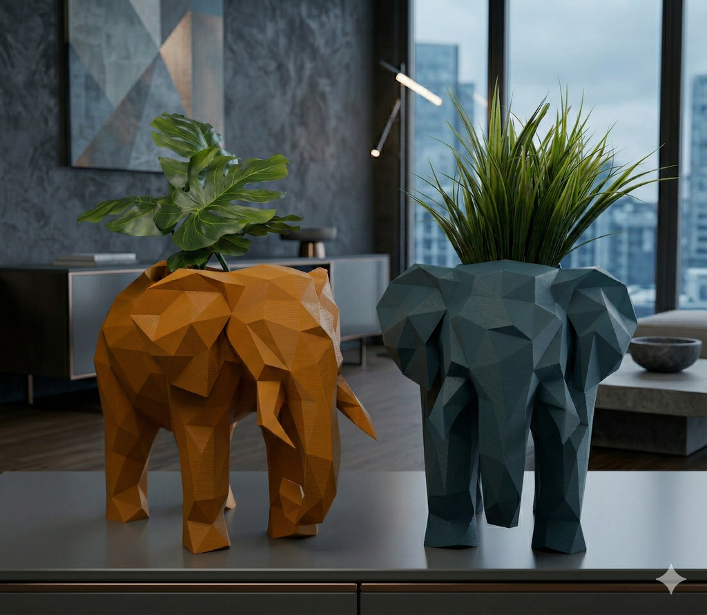 Porta Vaso Geometrico in Stampa 3D a Forma di Elefante - Fatto a Mano in PLA (17 cm)